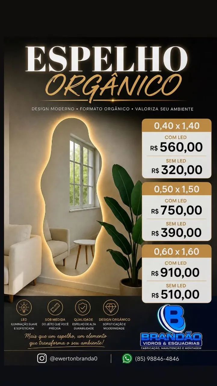 Espelho organico com led e sem