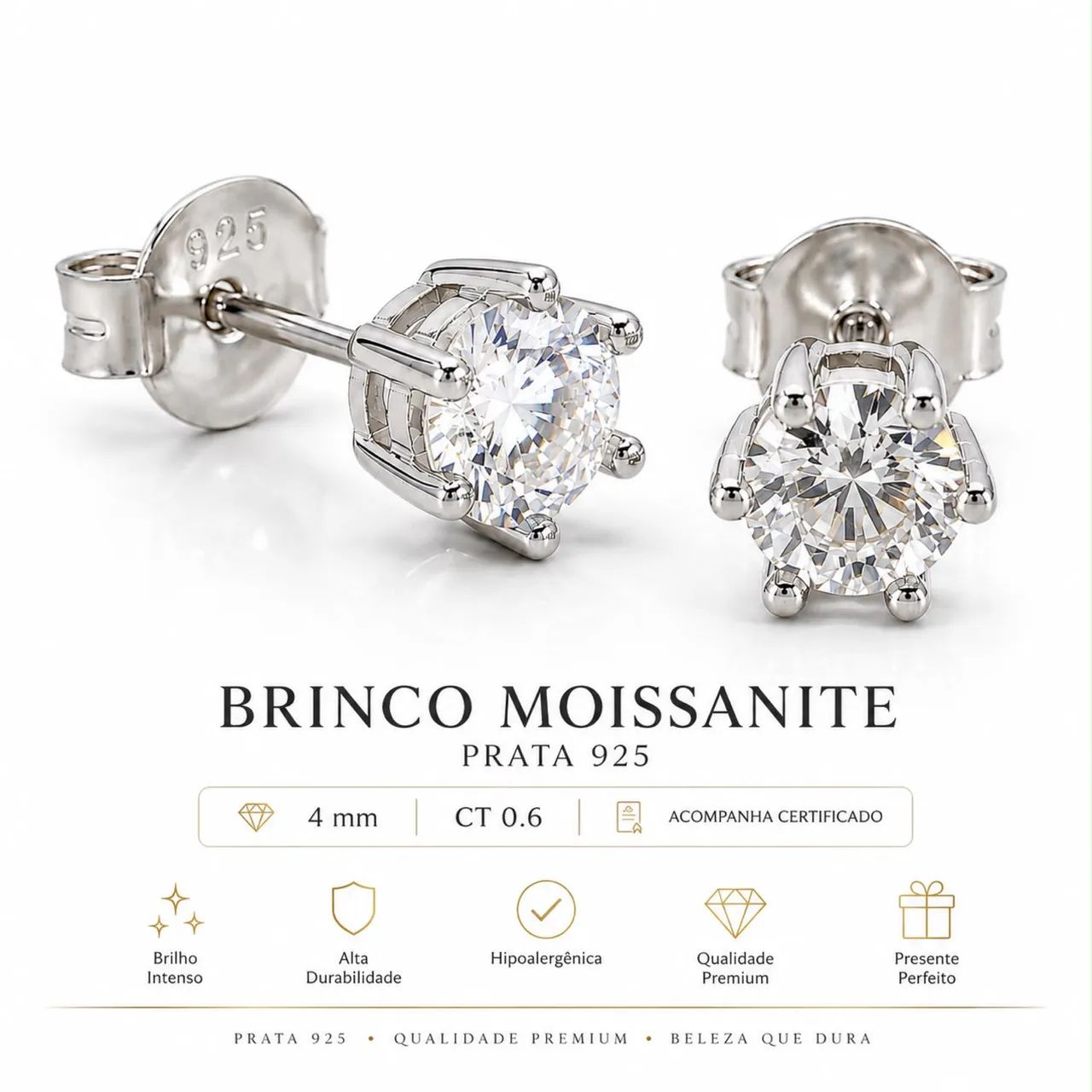Brinco moissanite 4 mm prata 925 com ródio com certicado e garantia