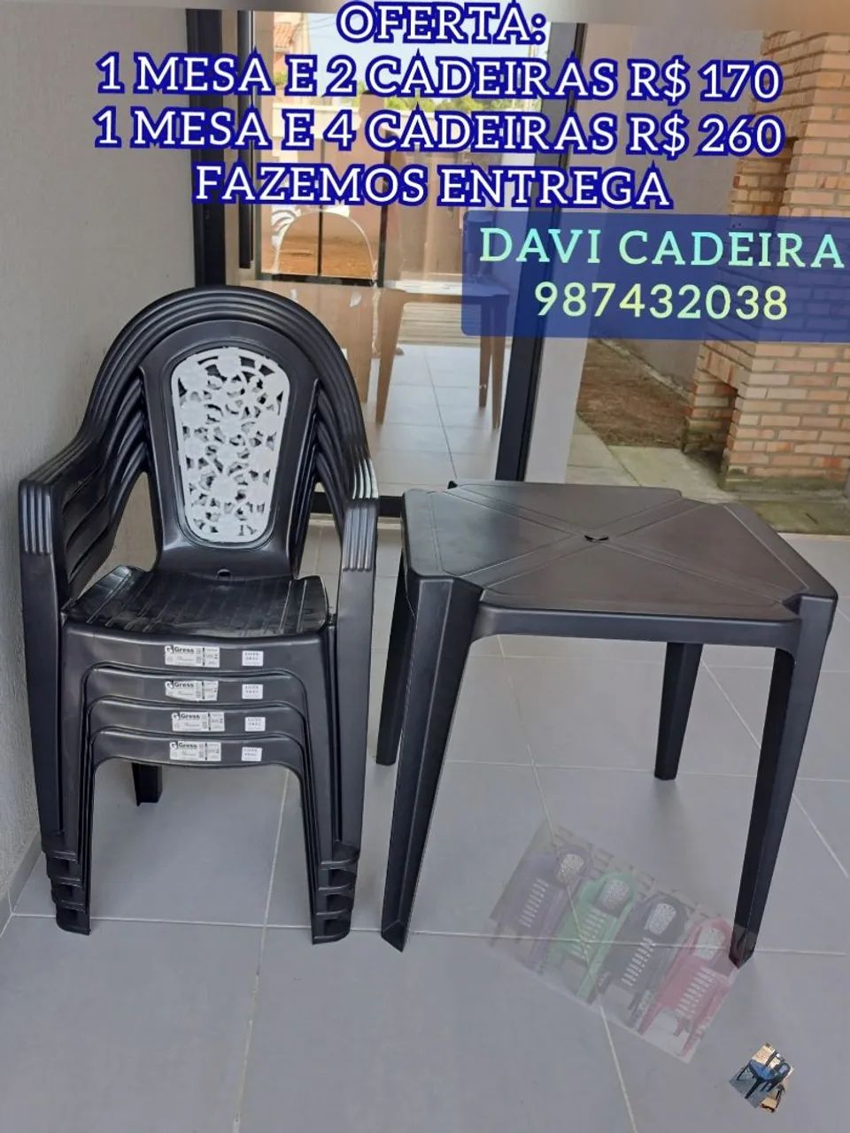 MESA MAIS CADEIRA DE PLASTICO JC ME LINDA E CONFORTAVEL 