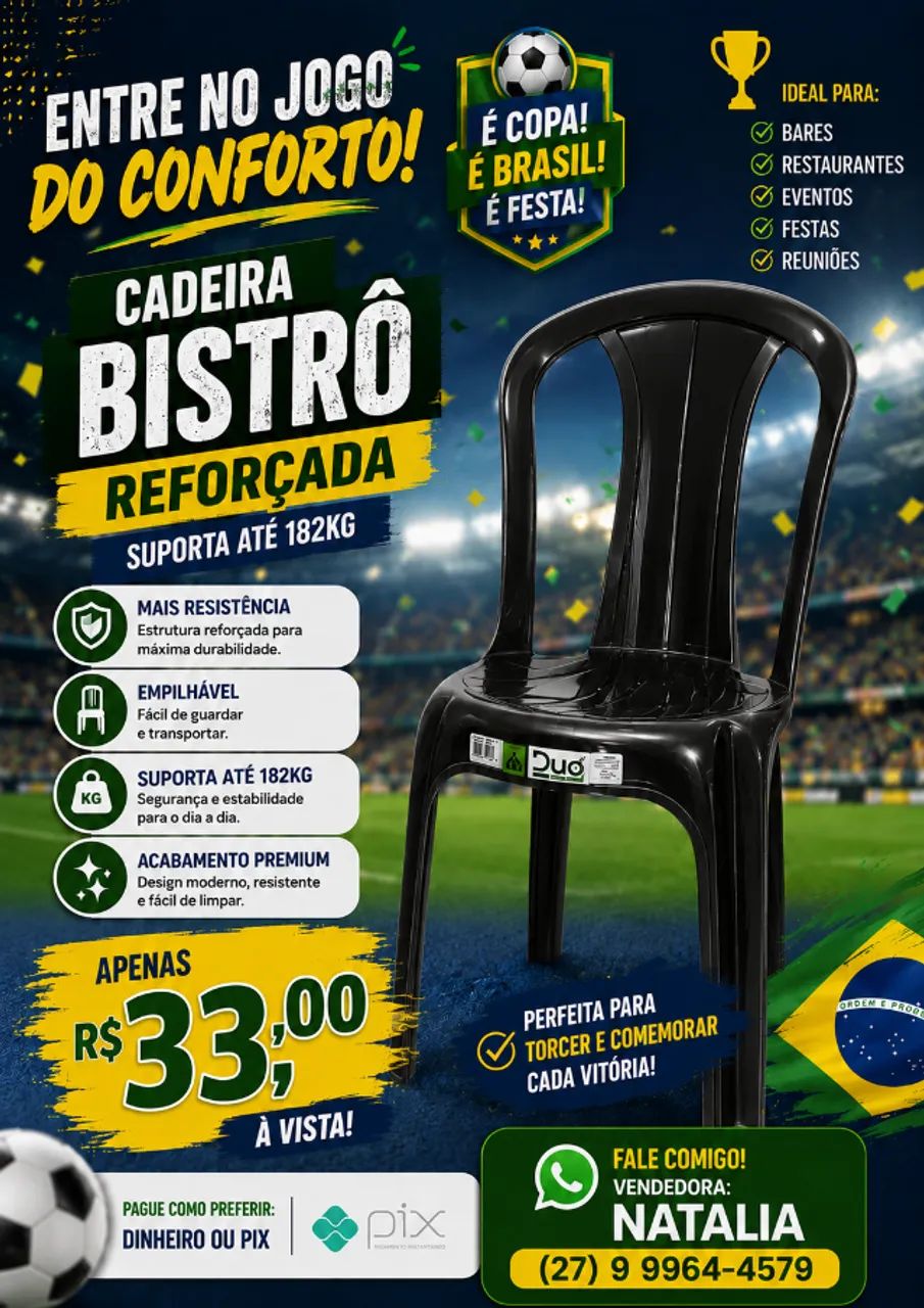 CADEIRA PLÁSTICA MODELO BISTRÔ 182 KG PRETA- MARCA DUO 