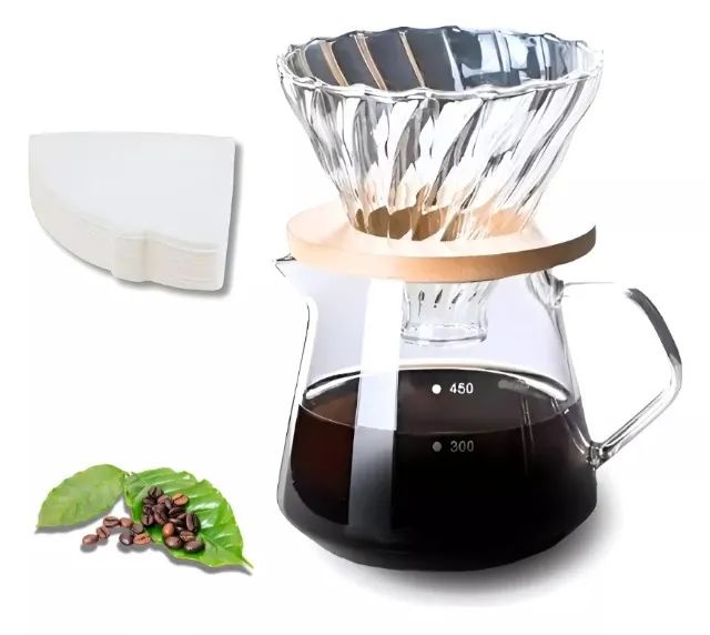 Conjunto Jarra Vidro Porta Filtro Café Vidro Base Bambu V60 40 filtros