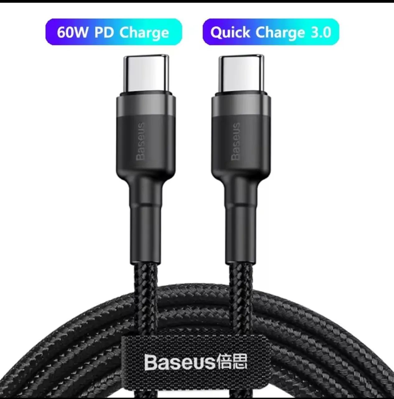 Cabo Baseus 60W PD e Quick Charge 3.0 - novo com garantia