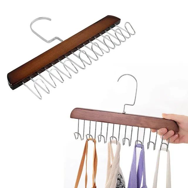 Cabide Madeira Rotativo Ganchos Organizador Armário Closet Bege ou Marrom - Foto 3