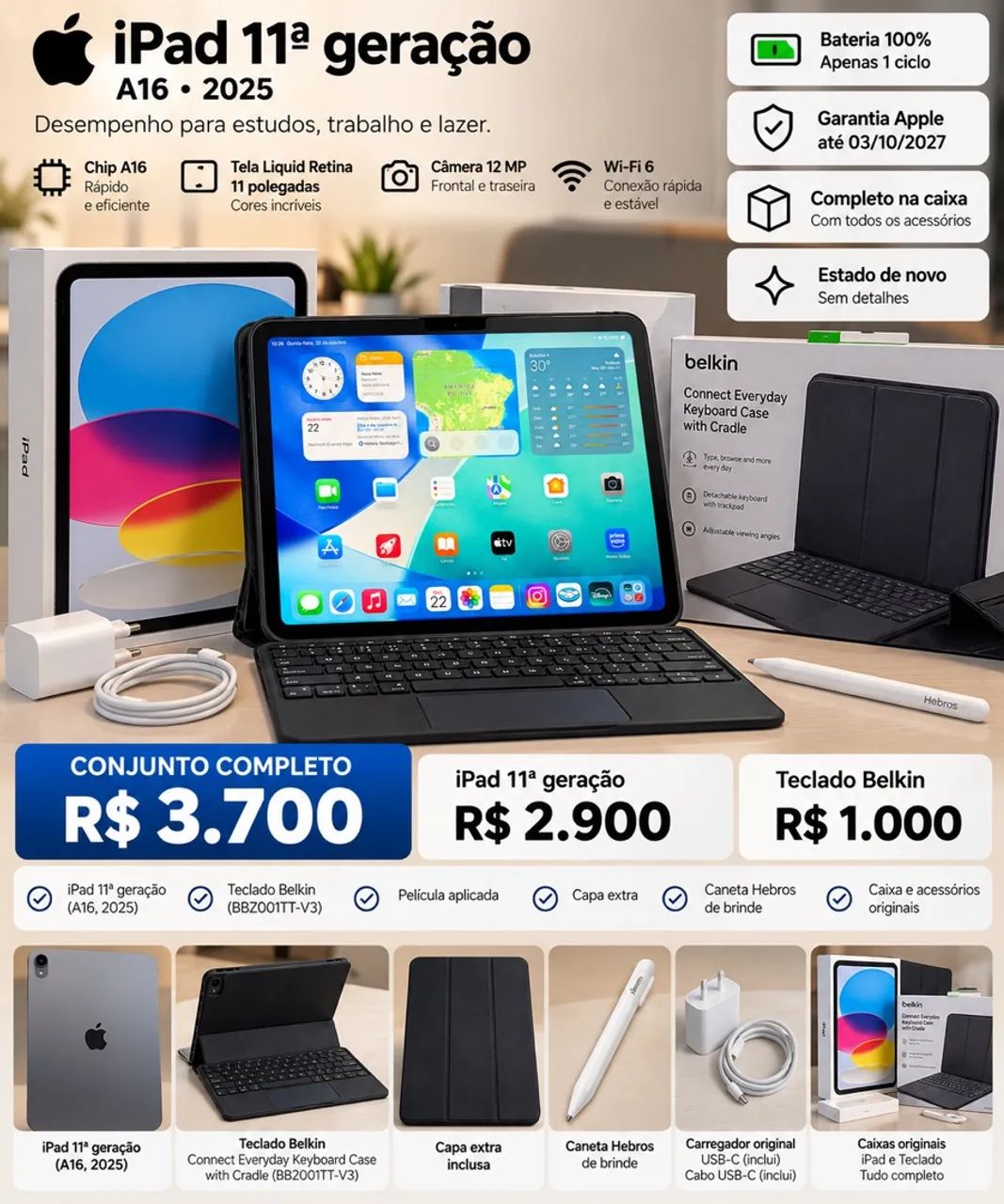 iPad 11ª geração + Teclado Belkin | R$ 3.700 o conjunto