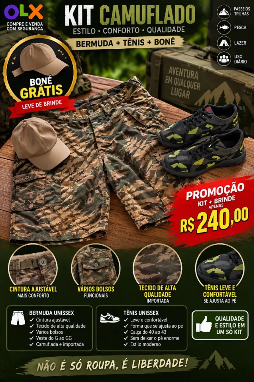 Bermuda Camuflada Importada Kit com Tênis Camuflado e Lindo Boné de Brinde