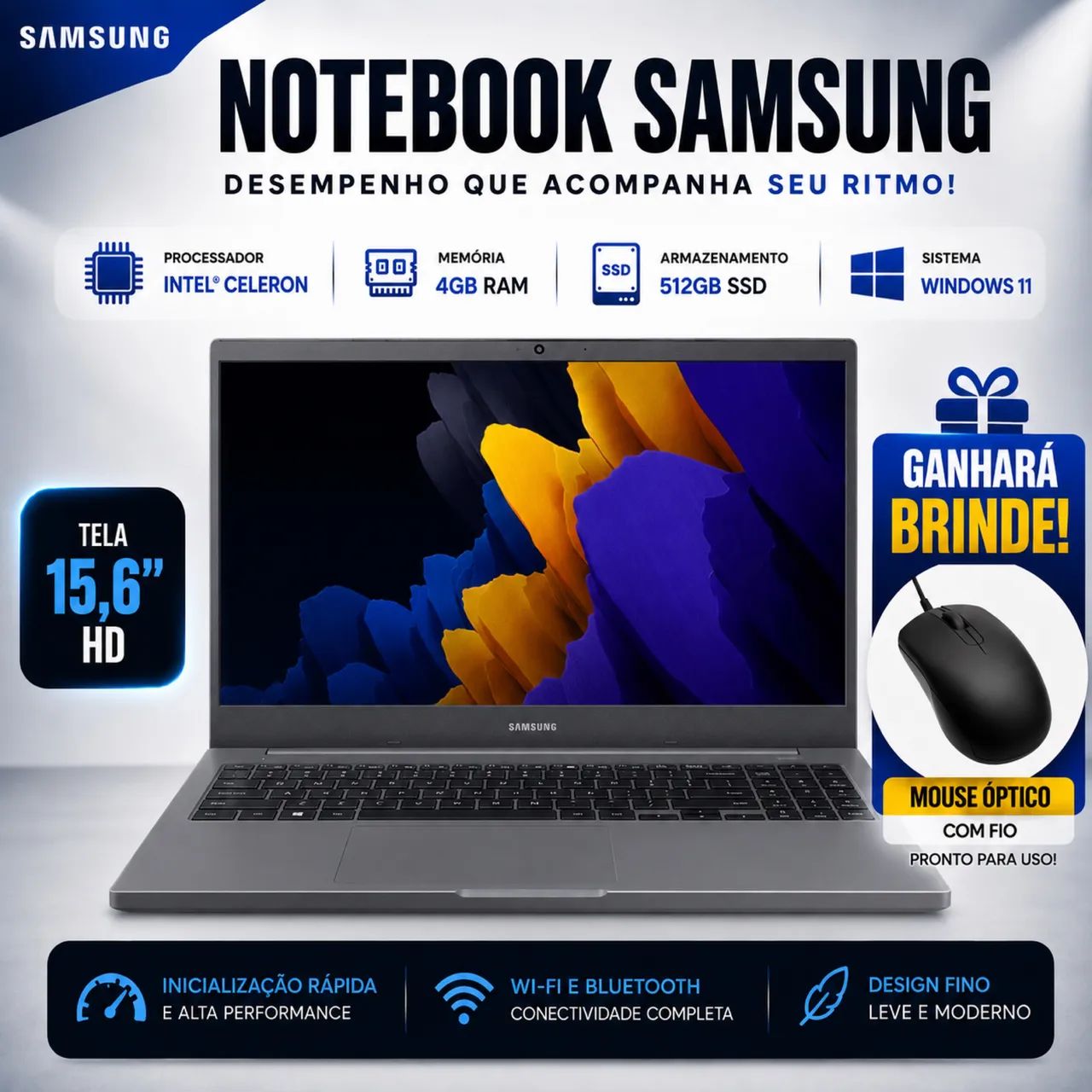 Notebook Samsung Intel Celeron 4GB RAM 512GB SSD 15.6? HD Windows 11 Wi-Fi Bluetooth