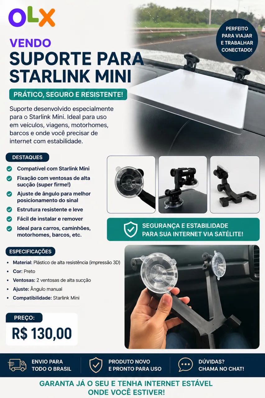 Suporte Veicular para Starlink Mini com Ventosas | Ajustável | Impressão 3D