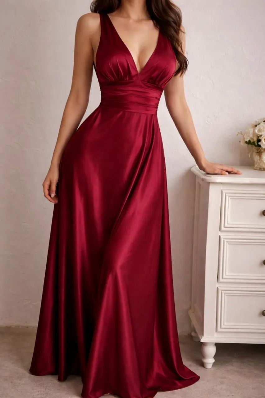 Vestido longo em seda vinho