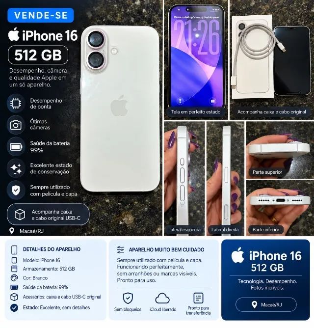 iPhone 16 512GB - Branco - Bateria 99%