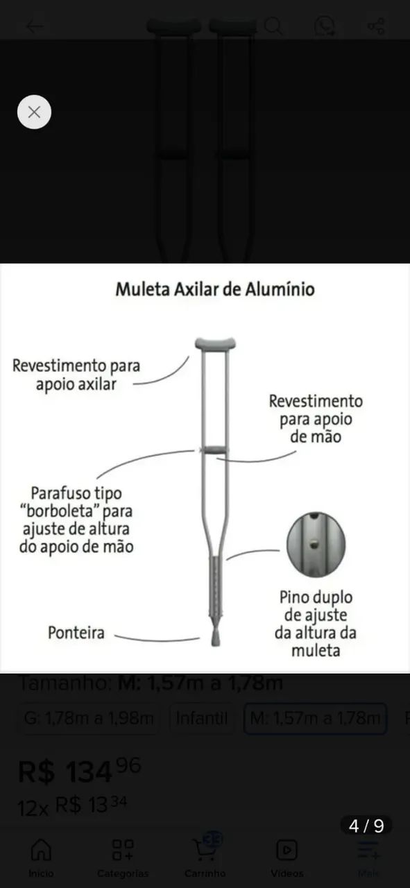 PAR DE MULETAS AXILAEM ALUMÍNIO REGULÁVEL 130 KG - MARCA MERCUR  - Foto 2