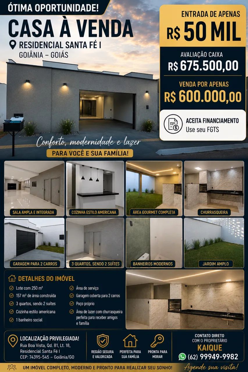 Casa 3 Quartos 2 Suítes | Entrada R$ 50 Mil | Santa Fé I Goiânia