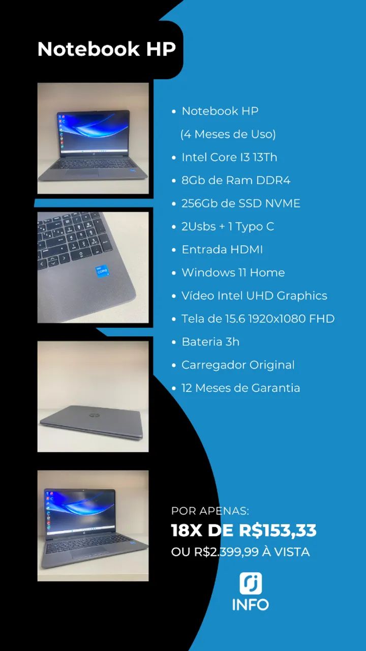 Rjinfojp - Notebook HP -  Intel Core I3 13Th - 8Gb de Ram DDR4