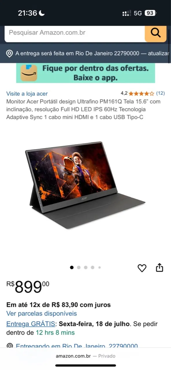 Monitor Acer Portátil Ultrafino 15.6" Full HD