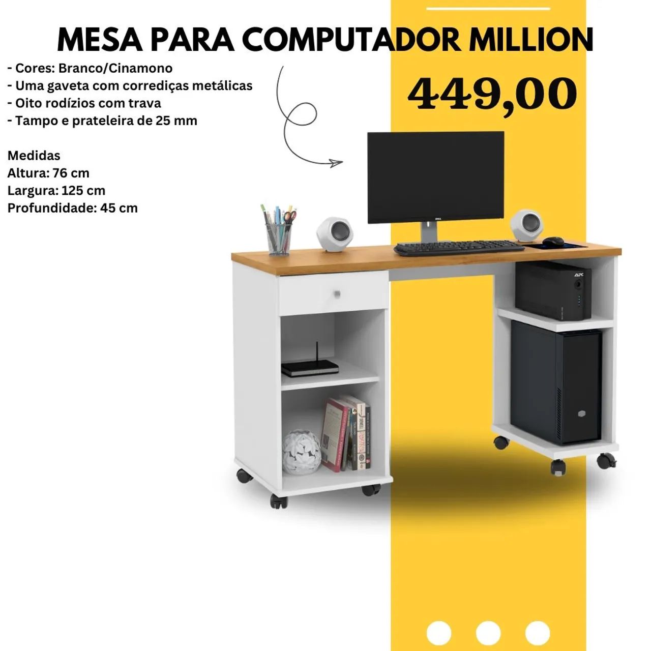 Mesa para Computador Million branco com amadeirado - ENTREGA HOJE !!! 