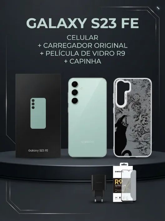 Galaxy S23 FE com carregador original, película aplicada, capinha e caixa original.