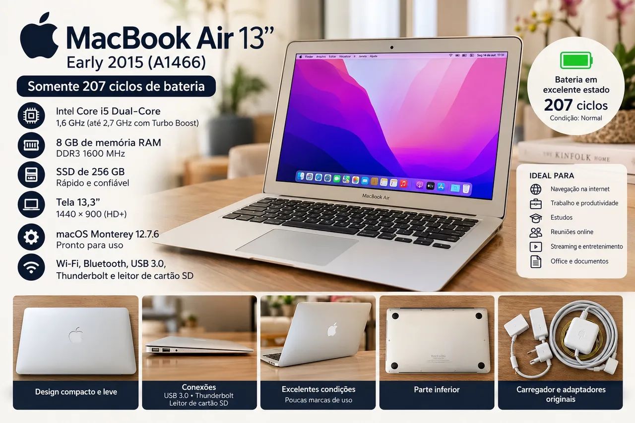 MacBook Air 13 Apple 2015 i5 8GB SSD 256GB Bateria 207 ciclos