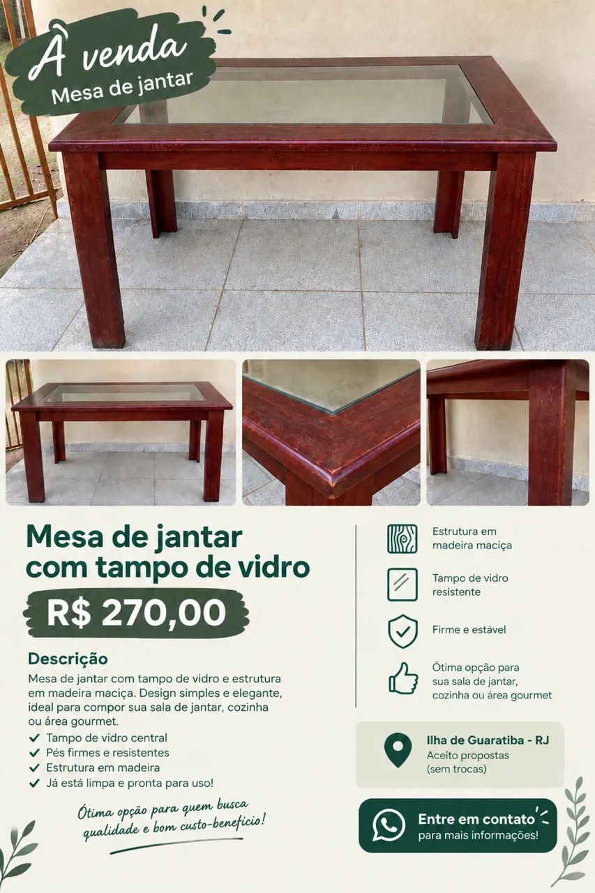 Mesa de madeira maciça com tampo de vidro 