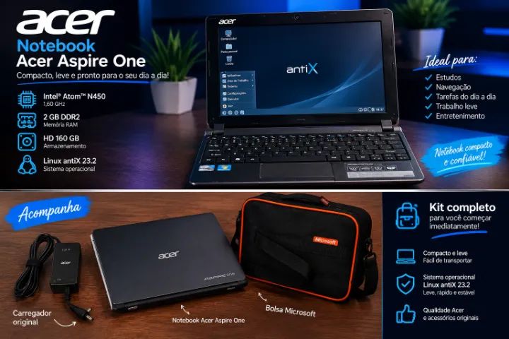 Kit Acer Aspire One com Bolsa Microsoft e Carregador