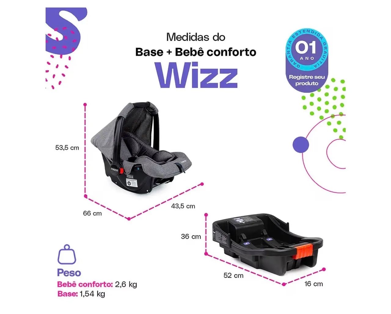 Bebê Conforto Cosco Kids, Wizz, com base, Cinza Mescla conservado - Foto 2