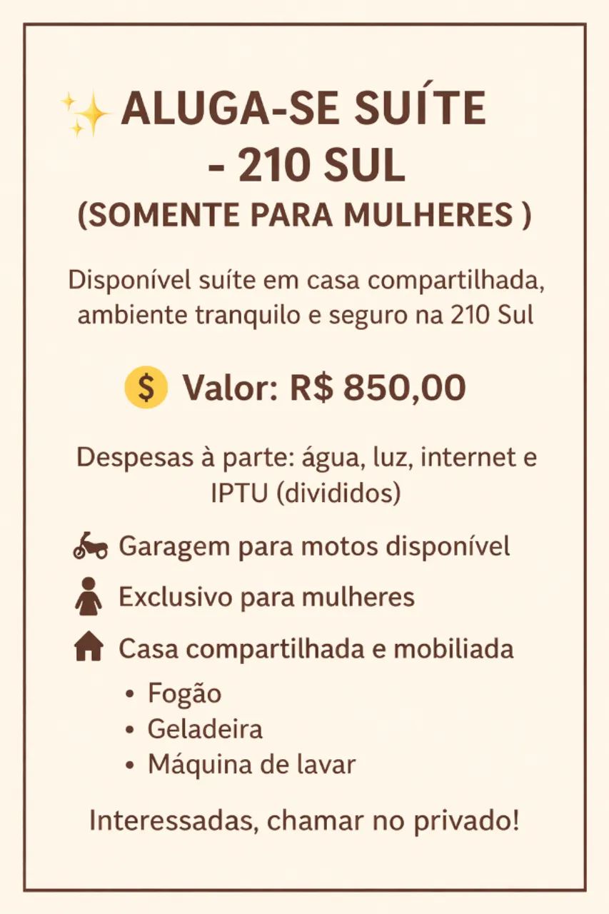 ALUGA-SE SUÍTE - 210 SUL (SOMENTE PARA MULHERES)
