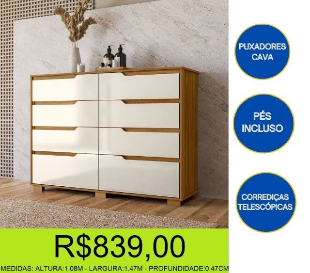 COMODA - 8 GAVETAS - COM PÉS - COMPRE E RETIRE HOJE MESMO 