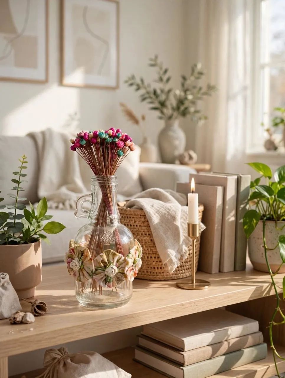Garrafa decorada com fuxicos e flores secas 