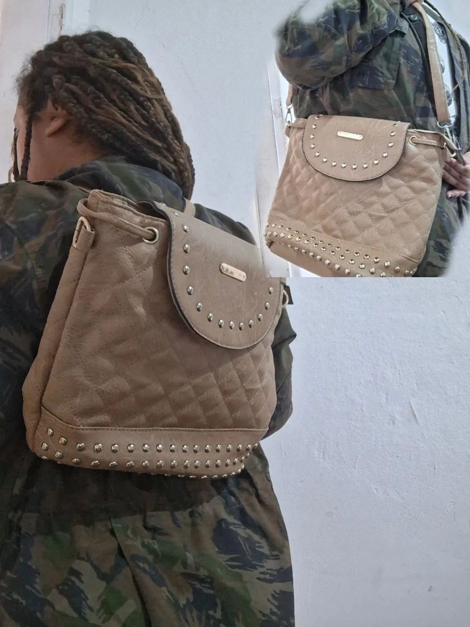 Mochila vira bolsa bege com spikes medio