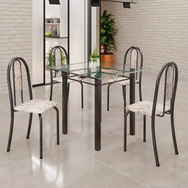 MESA 75X75 VIDRO COM 4 CADEIRAS ANE A  SOMA - Pronta Entrega