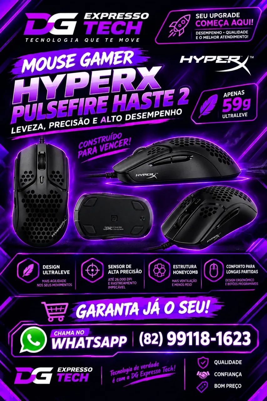 Mouse Gamer HyperX Pulsefire Haste 2 Preto - Ultraleve 61g 