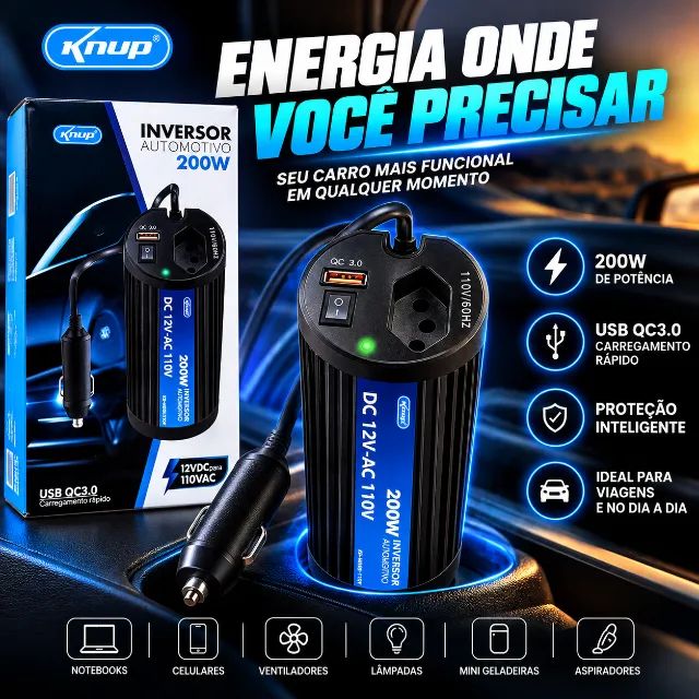 Inversor automotivo 200W transforma 12V em 110V
