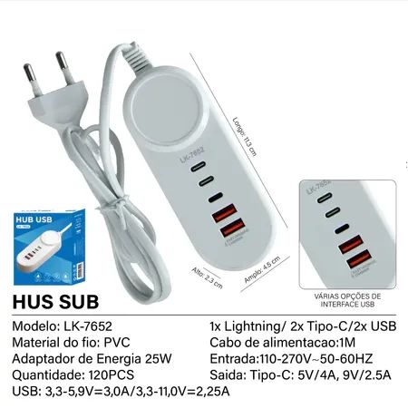 HUB 5 PORTAS 25W LUATEK LK-7652 (PORTAS: 2 USB 1 LIGHTNING 2 TIPO C) - Foto 4