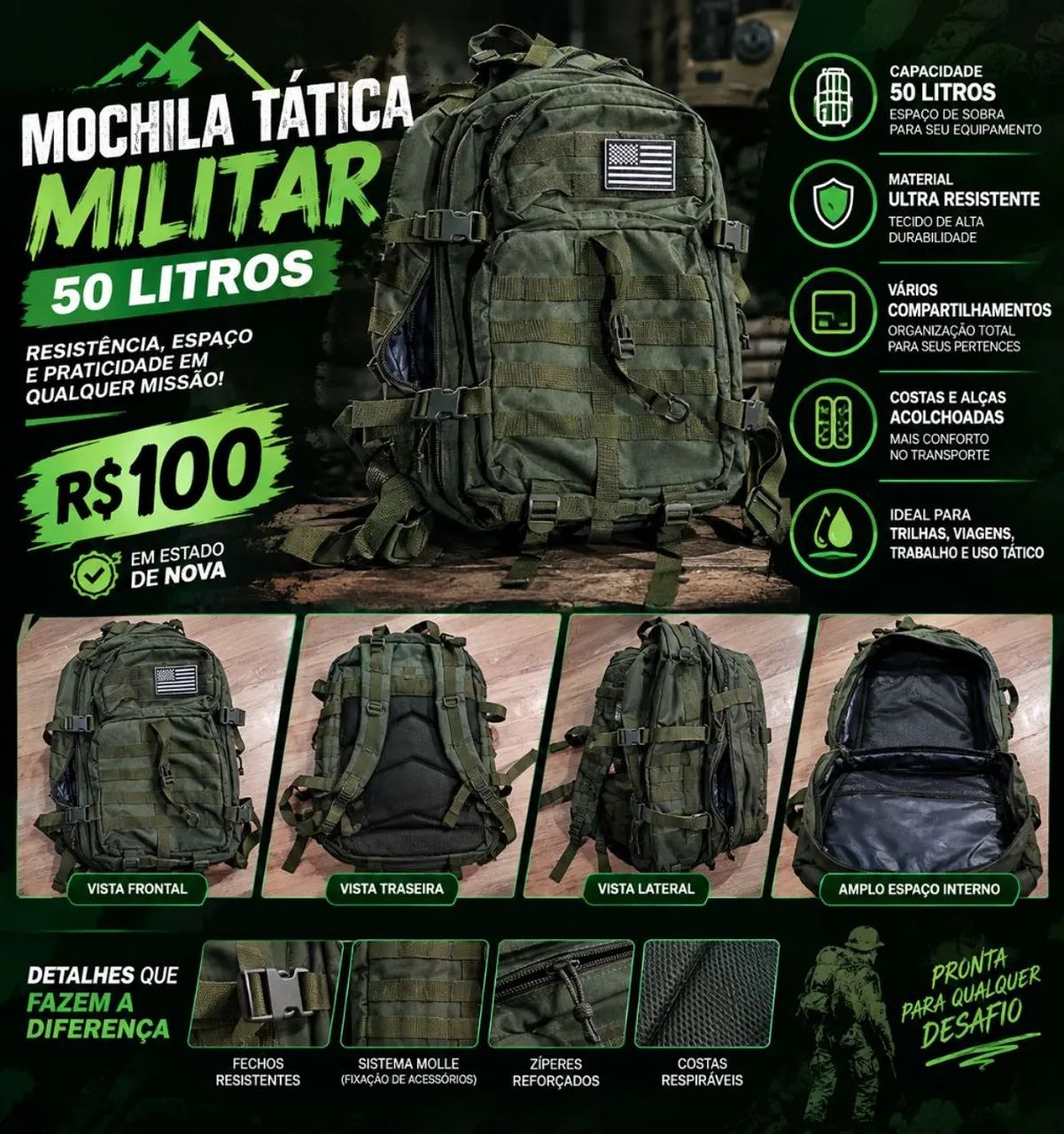 Mochila tática militar 50 litros