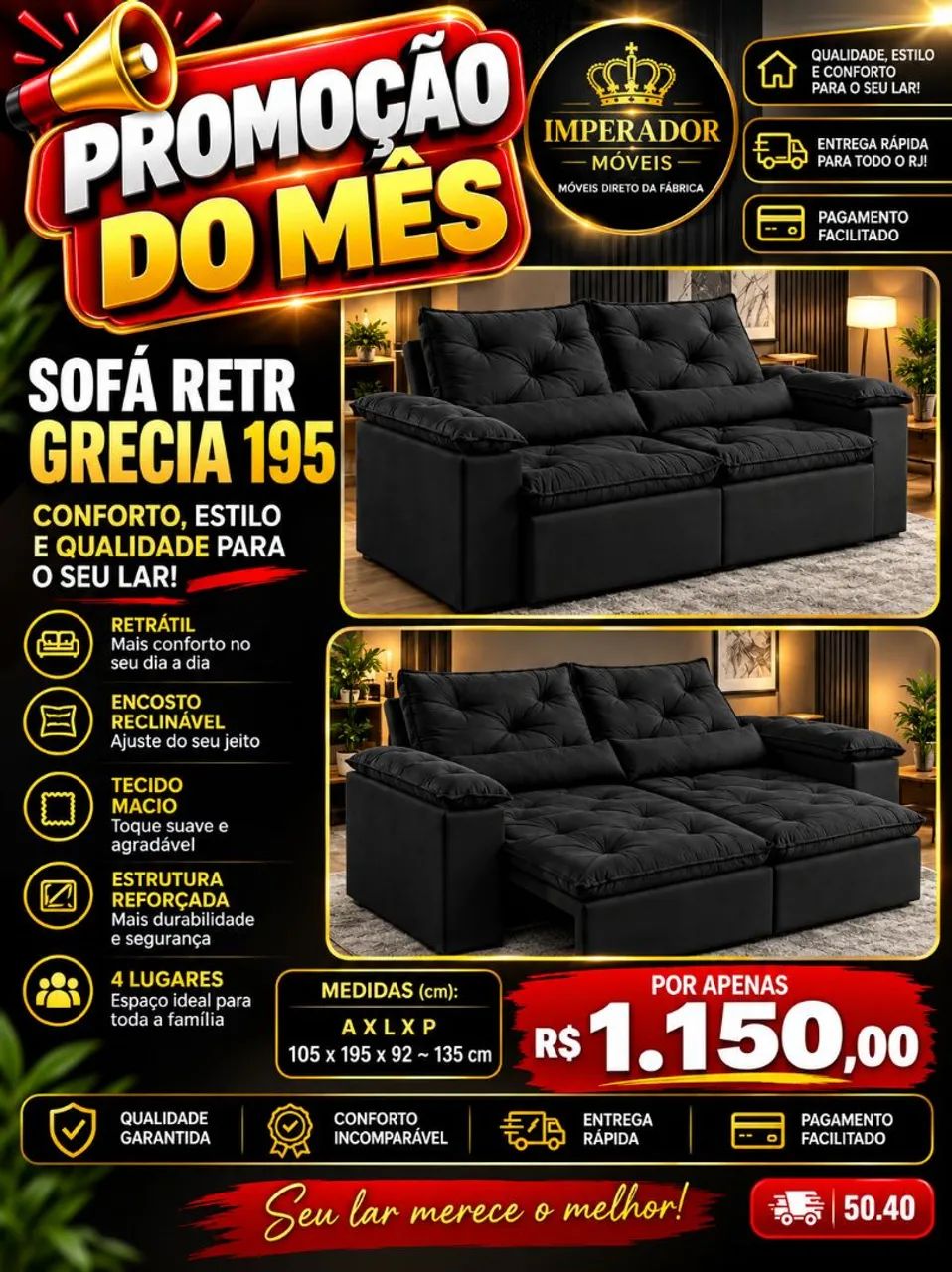 Sofá  Retrátil Grecia 195