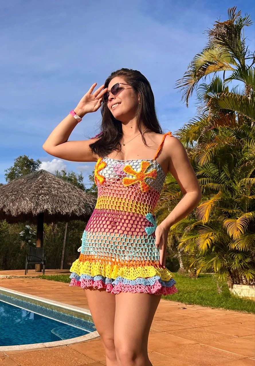 Saída de praia em crochê - vestido colorido - Foto 3