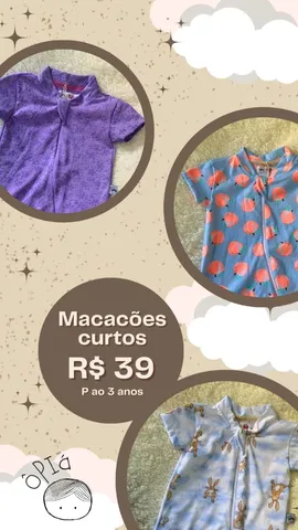 Macacão infantil unissex do tamanho P ao tamanho 3 a partir de R$49,00 cada.