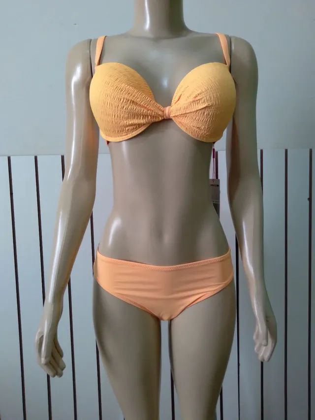 Conjunto moda praia biquíni e sutiã meia taça com bojo tecido com textura  - Foto 3
