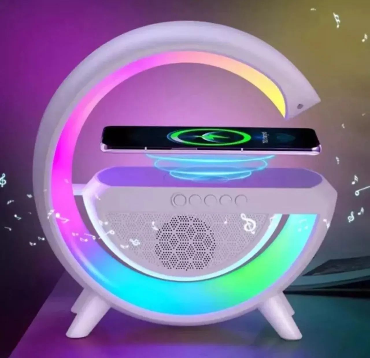 Luminária Rgb Caixa Som G Speaker Carregador Indução Relógio