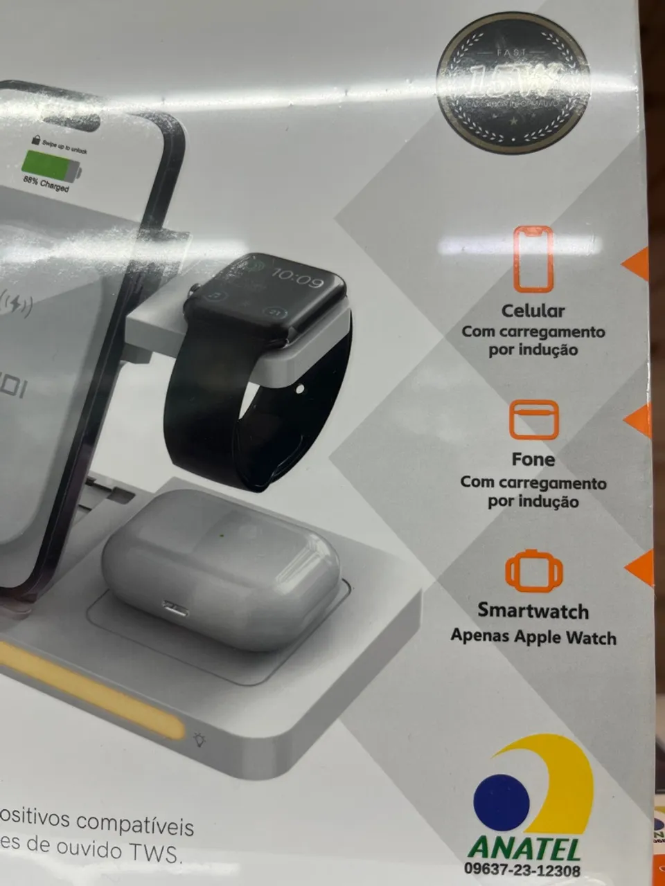 Carregador 3 em 1 Wireless p/ Celular, Fone e Apple Watch