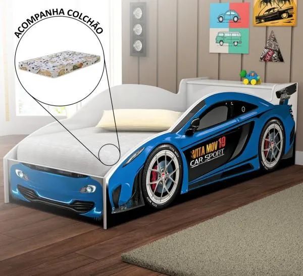 Cama carro solteirão com baú + colchão 