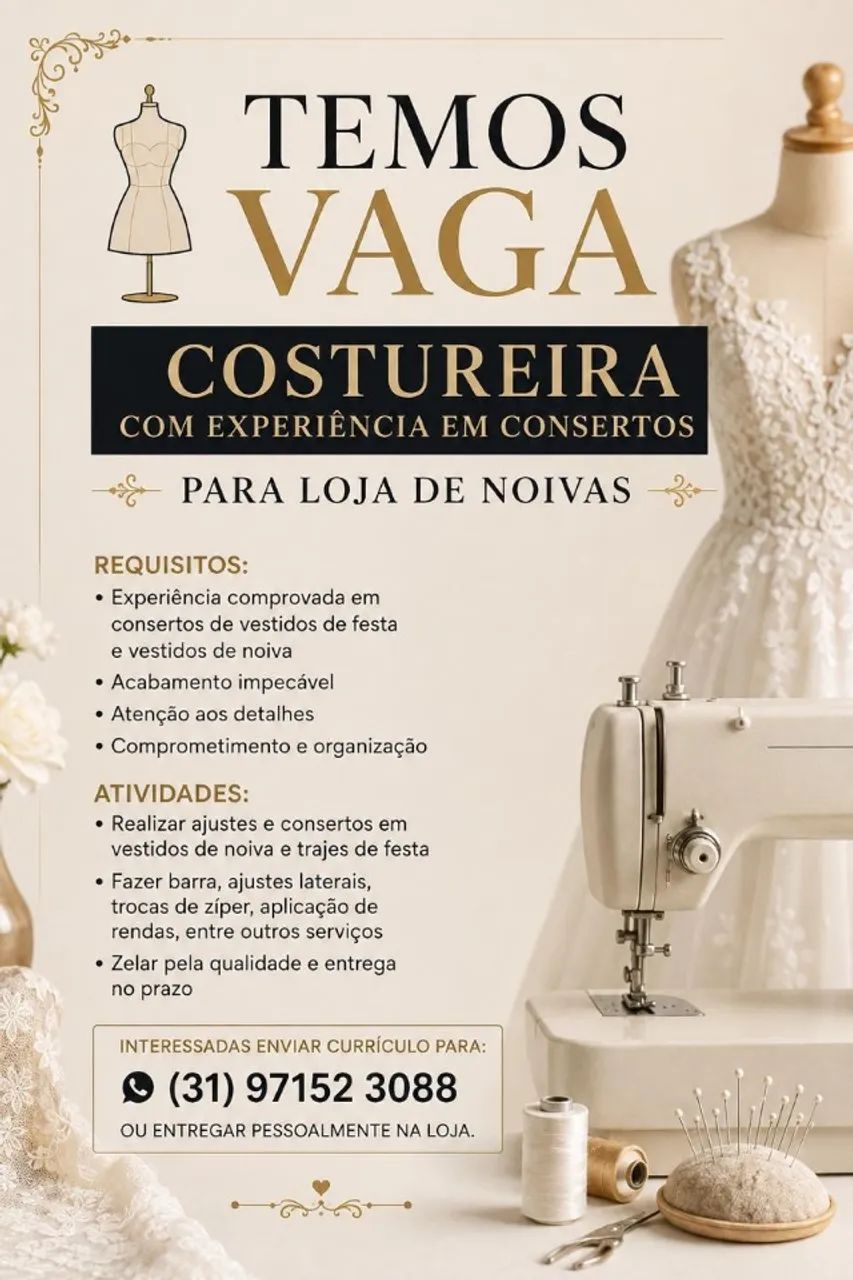 COSTUREIRA PARA LOJA DE NOIVAS