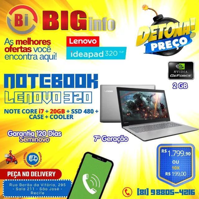 Notebook Lenovo IdealPad 320, i7, 20gb, 480 ssd, G Force 940mx 2gb