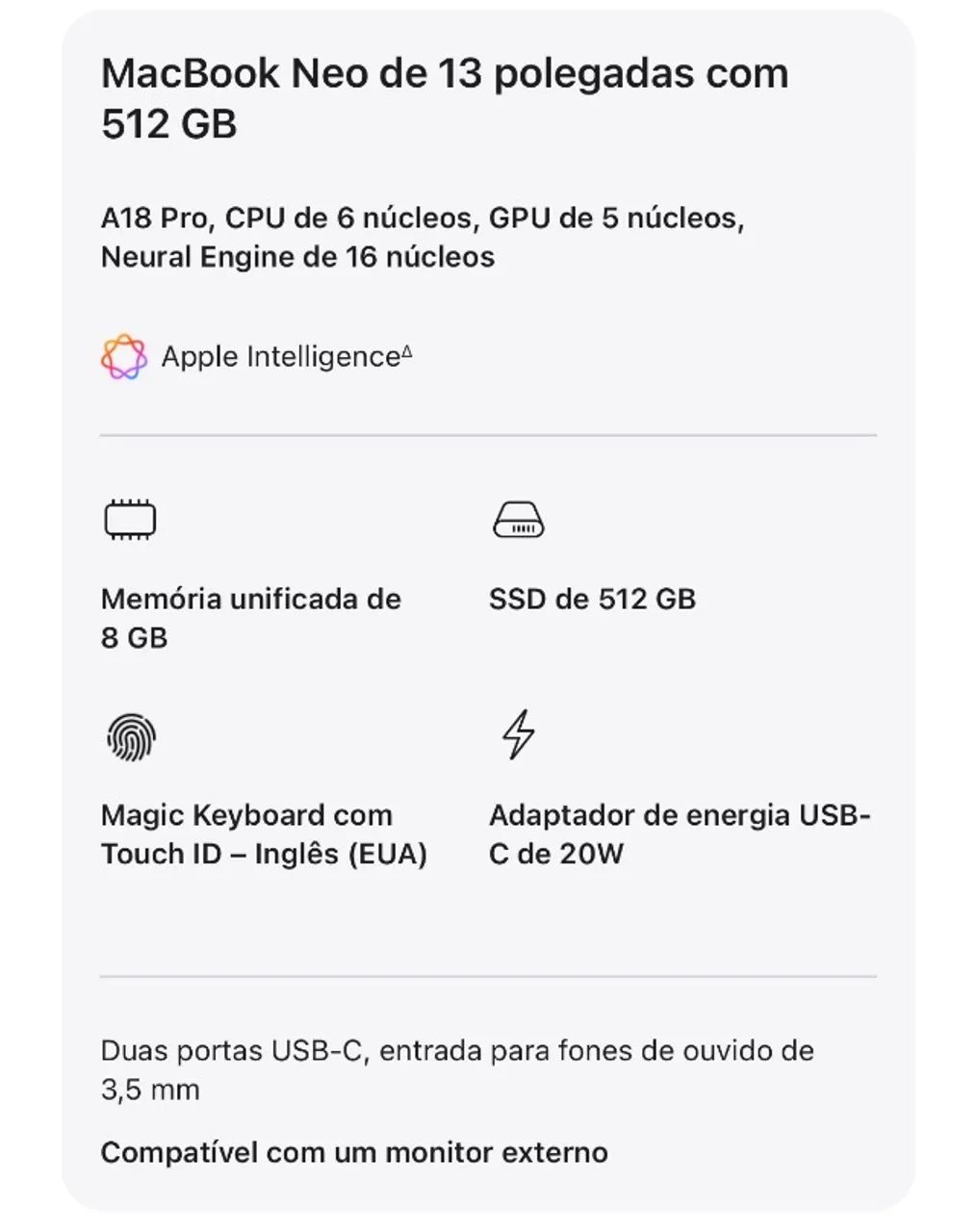 MacBook Neo 512GB ※購入時レシートあり(￥114,800) MacBook Neo 512gb com leitor Biométrico - Notebooks - Jardim