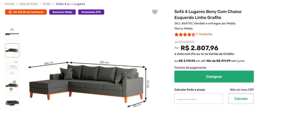 Sofá com Chaise Esquerda, 1,40x2,60m, 4 Lugares, Linho - Foto 4