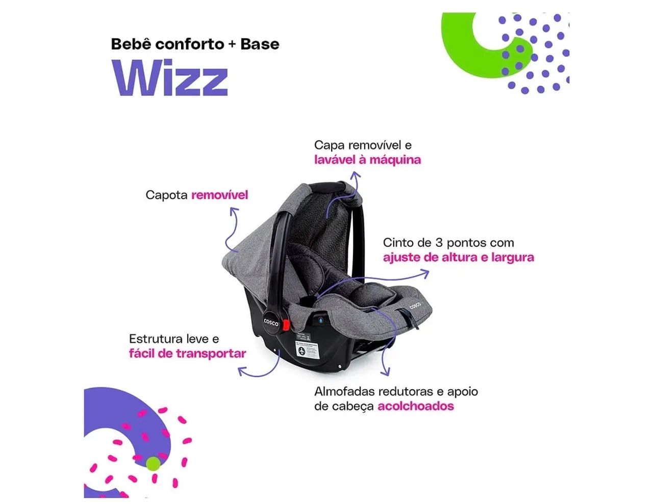 Bebê Conforto Cosco Kids, Wizz, com base, Cinza Mescla conservado - Foto 3