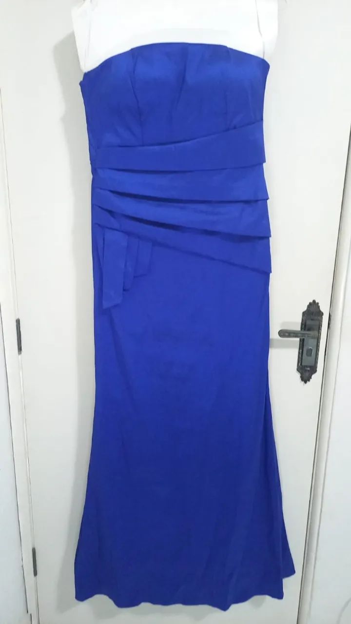 vestido longo azul de tafetá