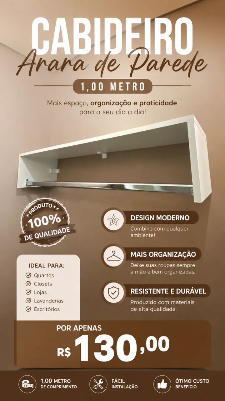 Cabideiro Arara de Parede 1 Metro Reforçado - R$130