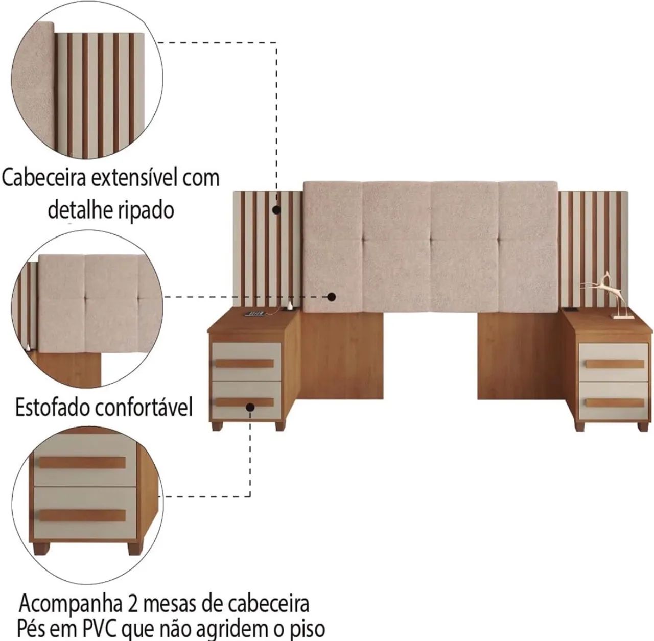 Cabeceira Casal Extensível com Tomada e 2 Mesas de Apoio Ripado Estofado p87 - Foto 3