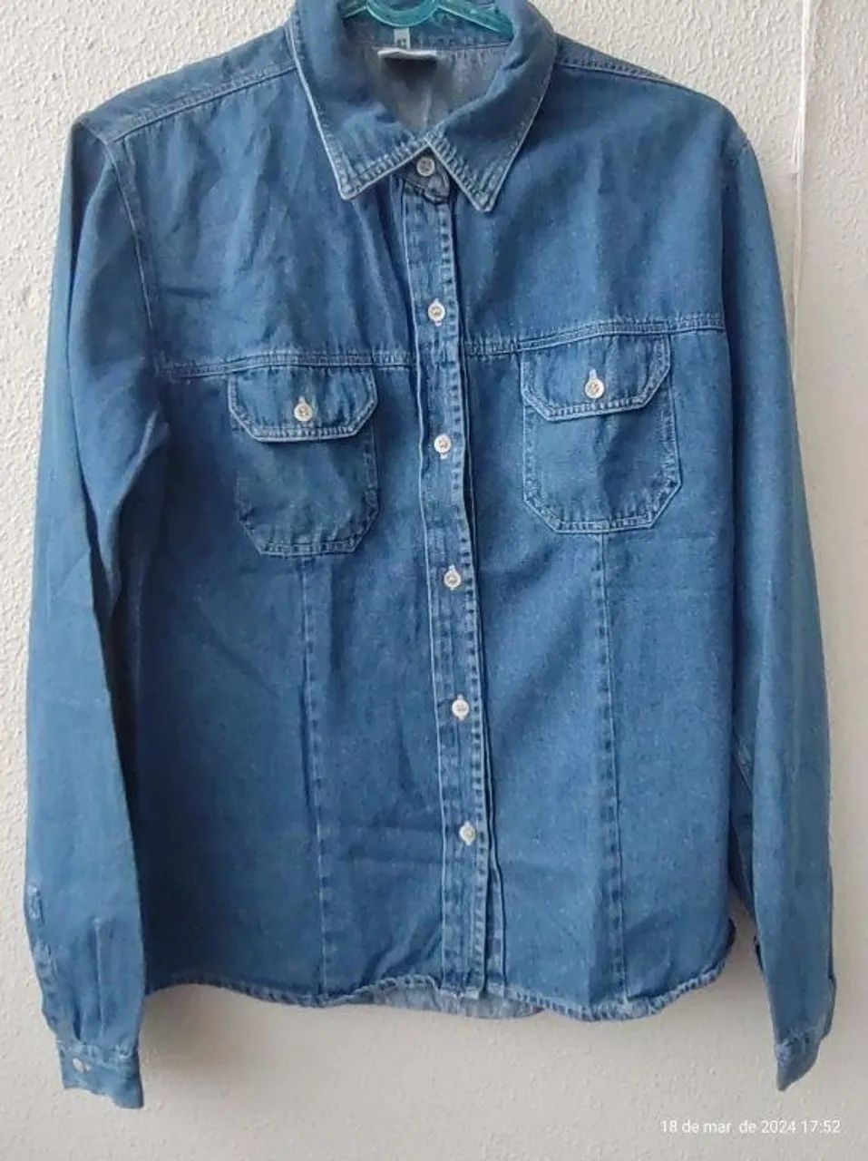 camisa jeans manga comprida 100% algodão, tamanho 42