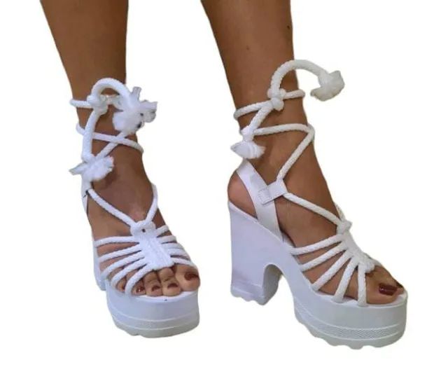 Sandália Tratorada de Salto Branca Amarração Super Confortável e Leve - Foto 6