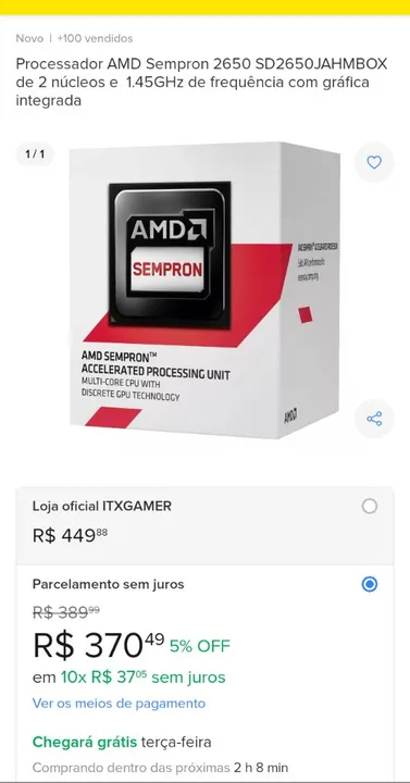 Processador Amd Sempron 2650 1.45 Ghz 1mb Am1 Box Nf